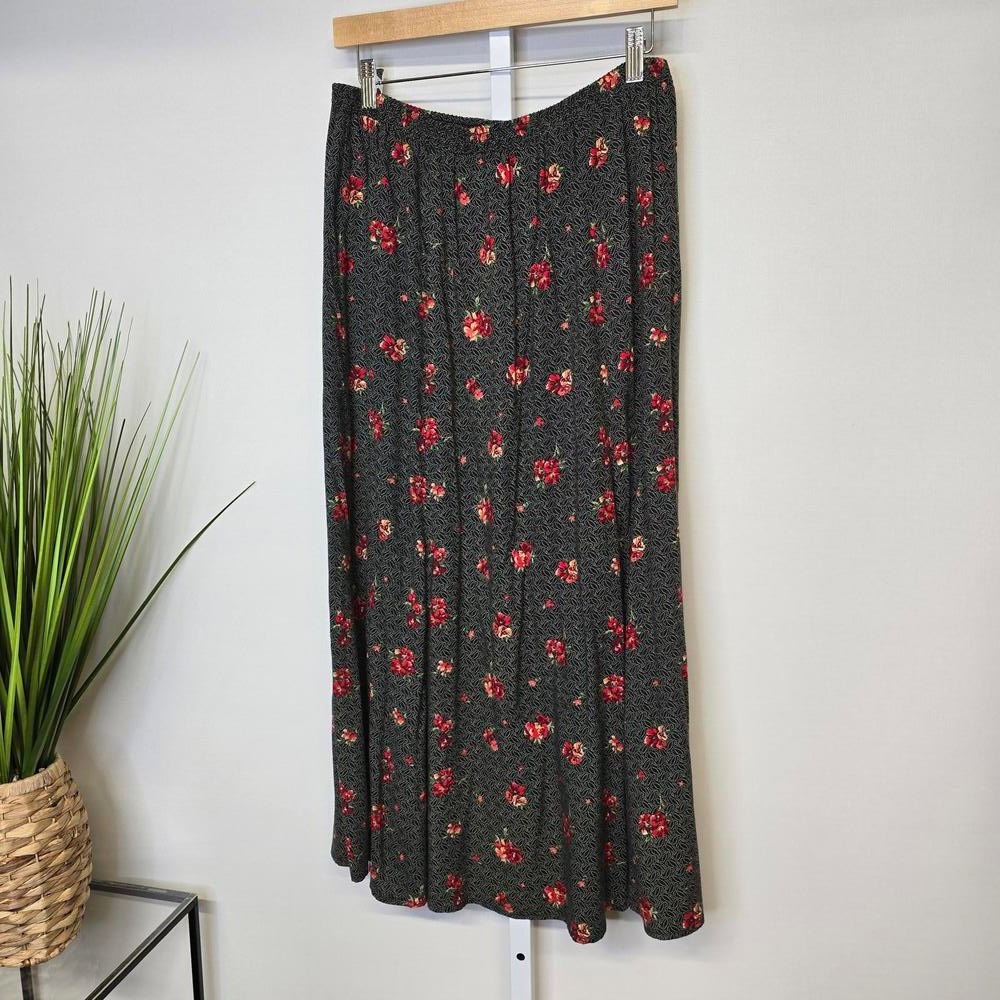 Liz Baker Essentials Womens Large Black‎ Red Floral Rayon Maxi Skirt Elastic